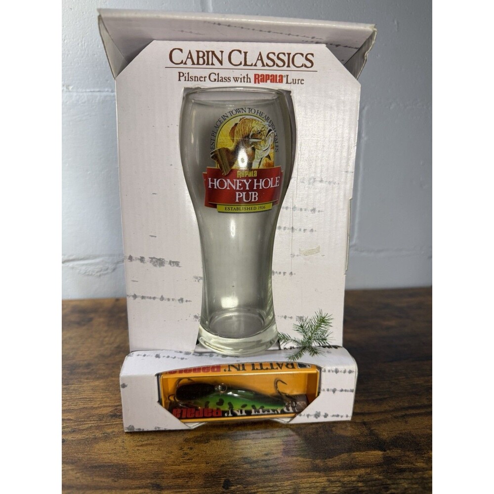 Rapala Cabin Classics Pilsner Glass Honey Hole Pub w Rattlin Rapala Lure NIB